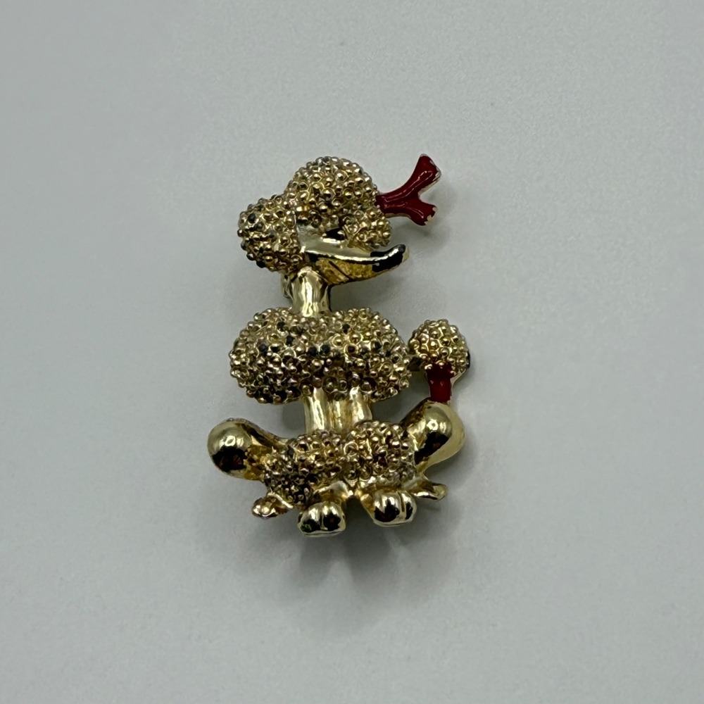 Vintage Gold Tone Poodle Brooch Red Enamel Bow Textured Dog Pin